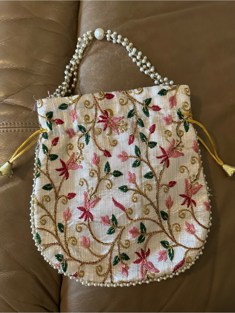 Pearl-handled Floral Embroidered Potli Bag